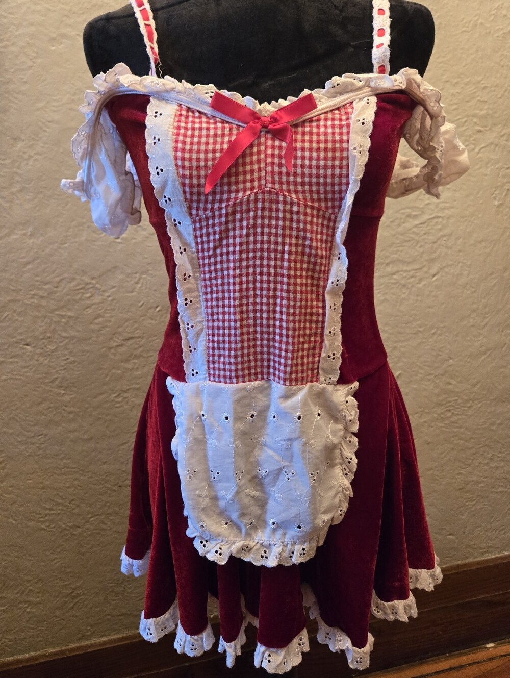 Coquette Red Velvet Maid Costume Dress Lace Gingham Babydoll Cosplay S/M